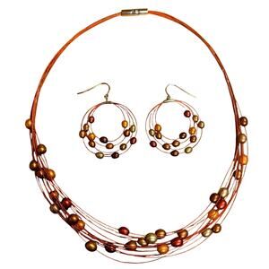 Honora Necklace and Earring Set Red Stainless Steel Wire and Warm Natural Pearls